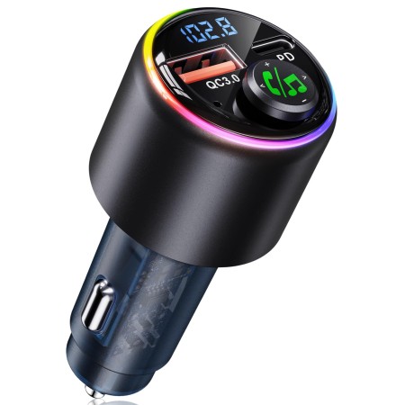 Zewwen FM Transmitter for Car Bluetooth 5.3, Type-C PD 30W & QC3.0 18W USB Car Charger, Cigarette Lighter Bluetooth Car Adapter Wireless Radio, Hands-Free Call, Hi-Fi MP3 Player, 7 Colors LED Backlit