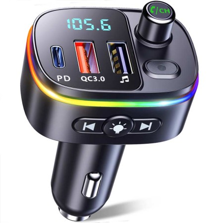 Zewwen FM Transmitter for Car Bluetooth 5.0, QC3.0 & PD 18W USB C Car Charger, 9 RGB Backlit Car Bluetooth Receivers, Bluetooth Car Adapter Support Handsfree Calls, Siri Google Assistant, USB Drive